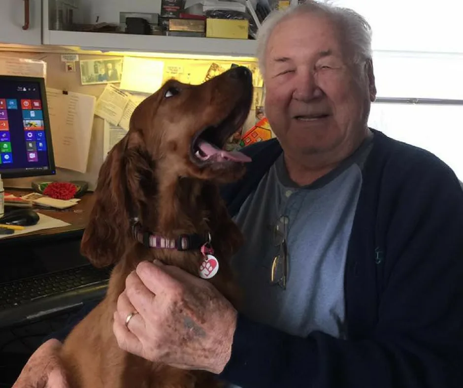 An elderly man smiling while holding a happy dog in his lap at a home office desk, showcasing companionship and joyful aging - Seniors